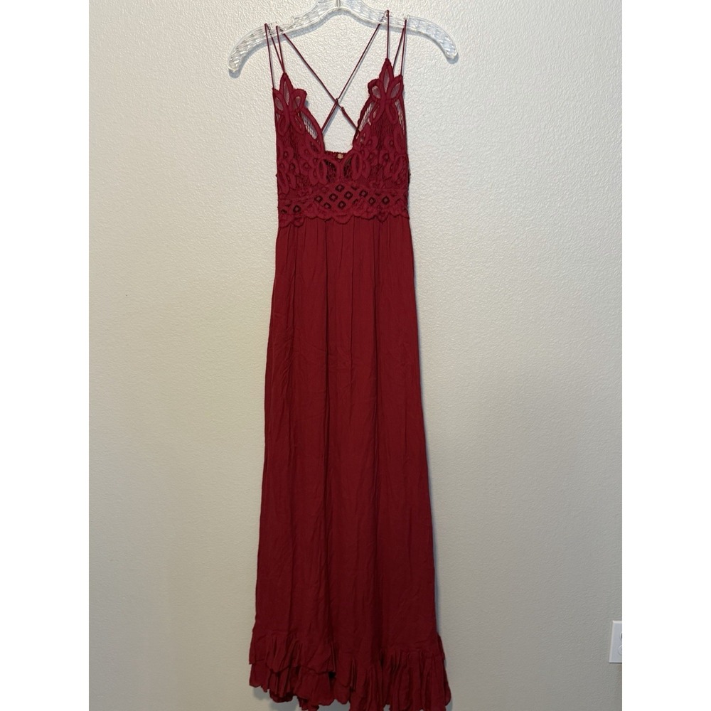 FREE PEOPLE  ADELLA Maxi Slip Dress XS Gauze Boho Embroidered Cranberry Red - Picture 5 of 10